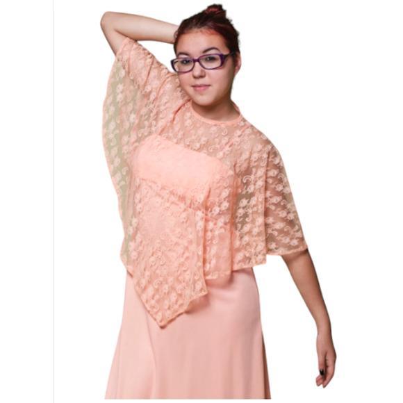 Vintage 60s PEACH Dress With Floral LACE Cape - Two Piece Set - Picture 2 of 5